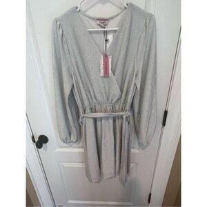 New Andree by Unit Silver sparkly long sleeve faux wrap dress belt size Medium n